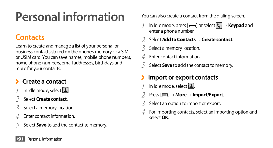 Samsung GT-I5503 user manual Contacts, ›› Create a contact, ›› Import or export contacts 