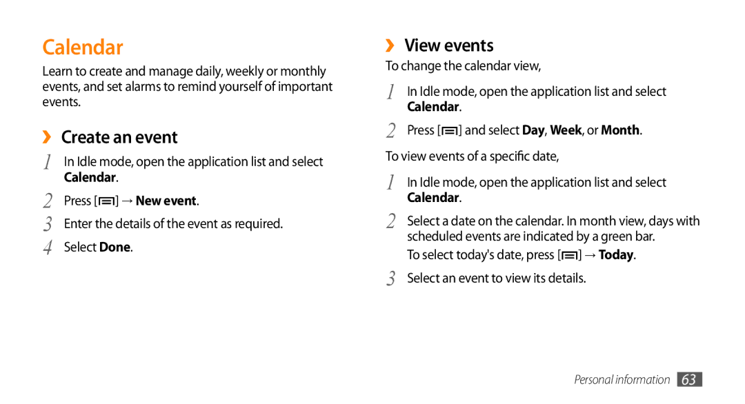 Samsung GT-I5503 user manual Calendar, ›› Create an event, ›› View events 