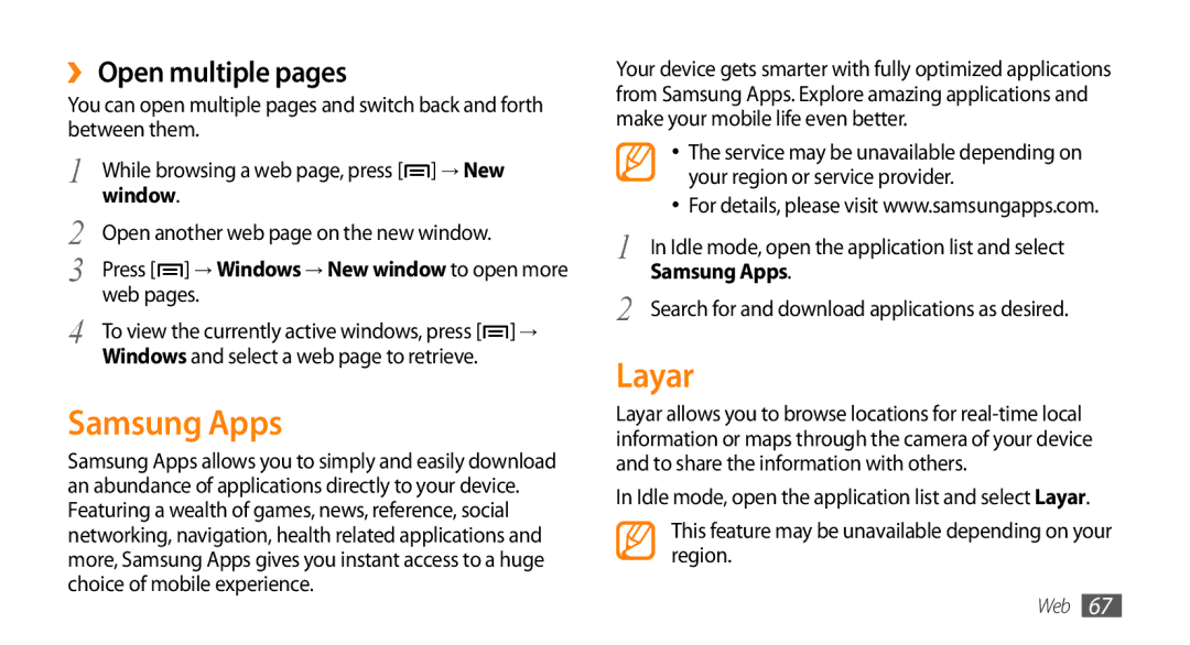 Samsung GT-I5503 user manual Samsung Apps, Layar, ›› Open multiple pages, Window 