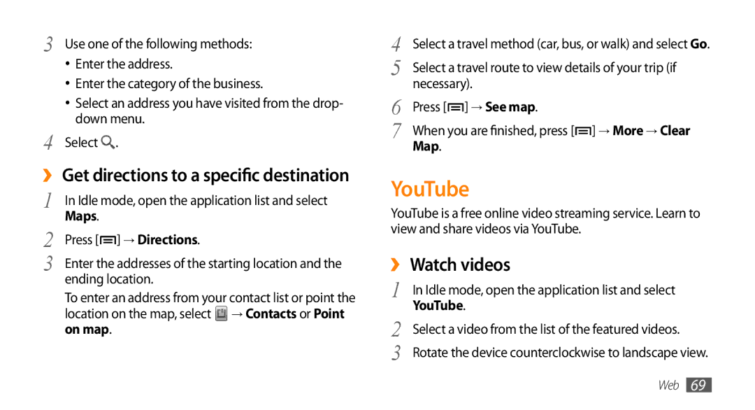 Samsung GT-I5503 user manual YouTube, ›› Watch videos, → Directions, Map 