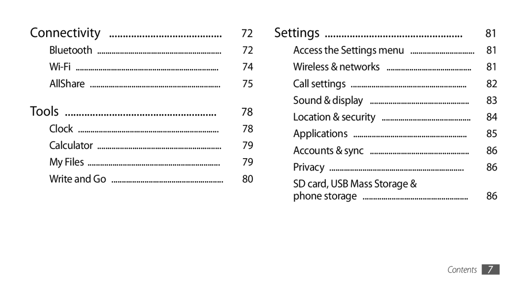 Samsung GT-I5503 user manual Connectivity, Tools, Settings 