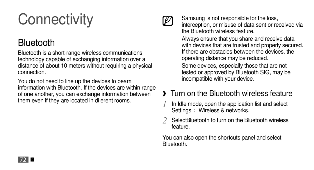 Samsung GT-I5503 user manual Connectivity, Bluetooth, Settings → Wireless & networks, Feature 