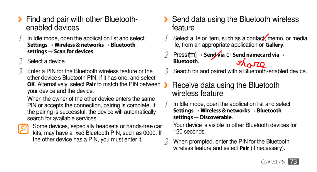 Samsung GT-I5503 ›› Find and pair with other Bluetooth- enabled devices, ›› Send data using the Bluetooth wireless feature 