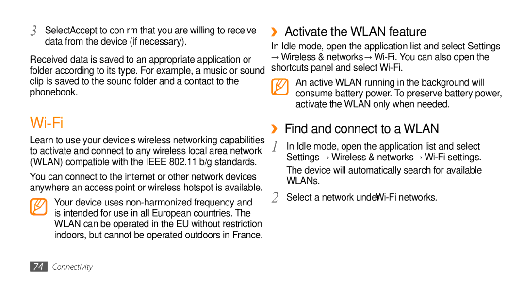 Samsung GT-I5503 user manual Wi-Fi, ›› Activate the Wlan feature, ›› Find and connect to a Wlan, WLANs 