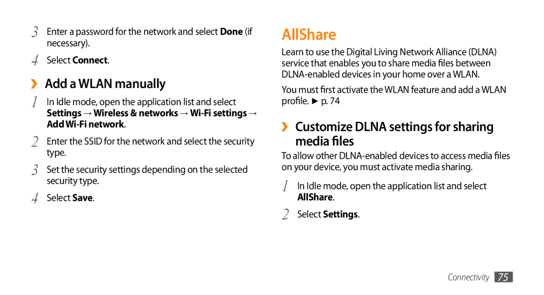 Samsung GT-I5503 AllShare, ›› Add a Wlan manually, ›› Customize Dlna settings for sharing Media files, Add Wi-Fi network 