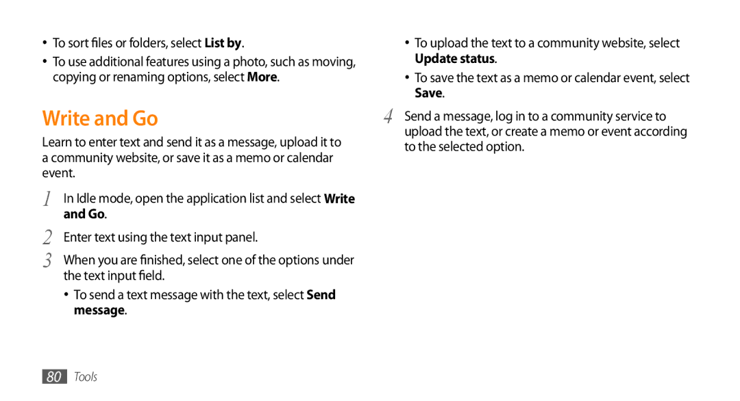 Samsung GT-I5503 user manual Write and Go, To send a text message with the text, select Send message, Update status, Save 