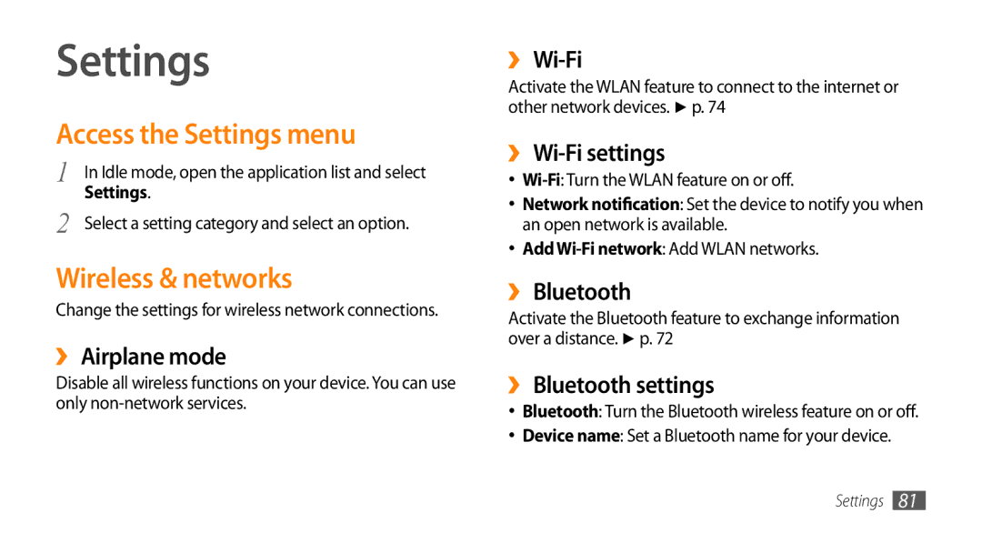 Samsung GT-I5503 user manual Access the Settings menu, Wireless & networks 