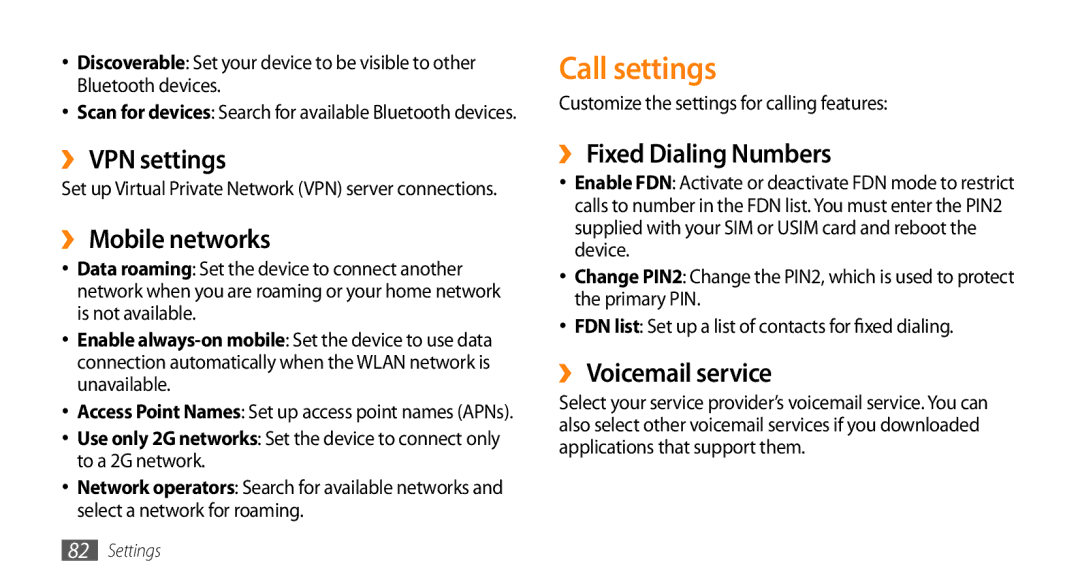 Samsung GT-I5503 Call settings, ›› VPN settings, ›› Mobile networks, ›› Fixed Dialing Numbers, ›› Voicemail service 