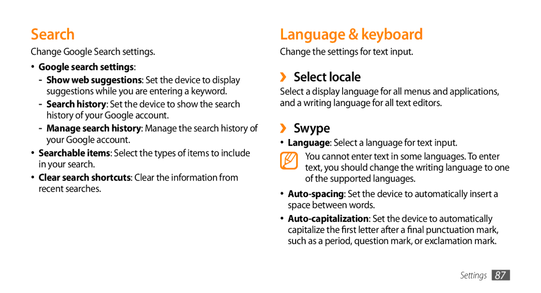 Samsung GT-I5503 user manual Search, Language & keyboard, ›› Select locale, ›› Swype, Google search settings 