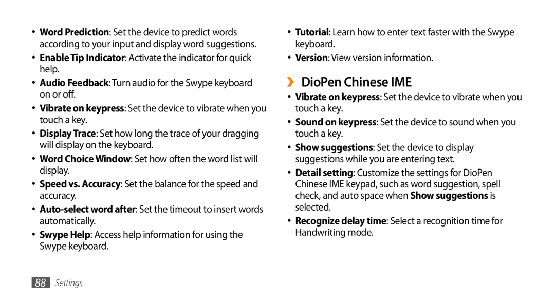 Samsung GT-I5503 user manual ›› DioPen Chinese IME, Enable Tip Indicator Activate the indicator for quick help 