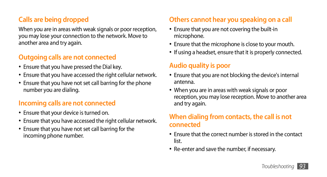 Samsung GT-I5503 user manual Calls are being dropped, Outgoing calls are not connected, Incoming calls are not connected 