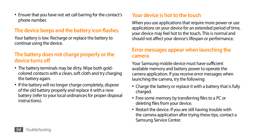 Samsung GT-I5503 user manual Battery does not charge properly or the device turns off, Your device is hot to the touch 