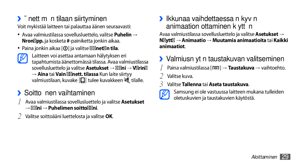 Samsung GT-I5510XKANEE ››Äänettömään tilaan siirtyminen, ››Soittoäänen vaihtaminen, Valitse Tallenna tai Aseta taustakuva 