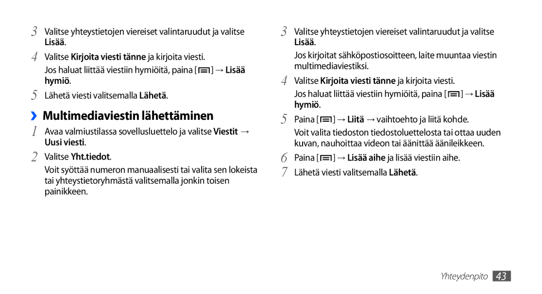 Samsung GT-I5510YKANEE, GT-I5510DWANEE ››Multimediaviestin lähettäminen, Lisää, Hymiö, Lähetä viesti valitsemalla Lähetä 