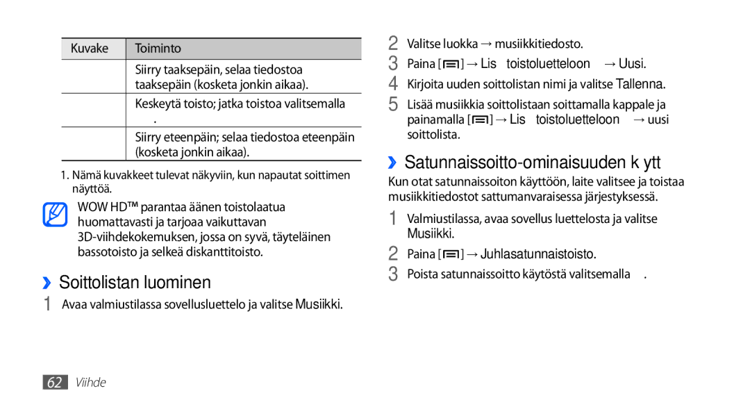 Samsung GT-I5510CWANEE manual ››Soittolistan luominen, ››Satunnaissoitto-ominaisuuden käyttö, → Juhlasatunnaistoisto 