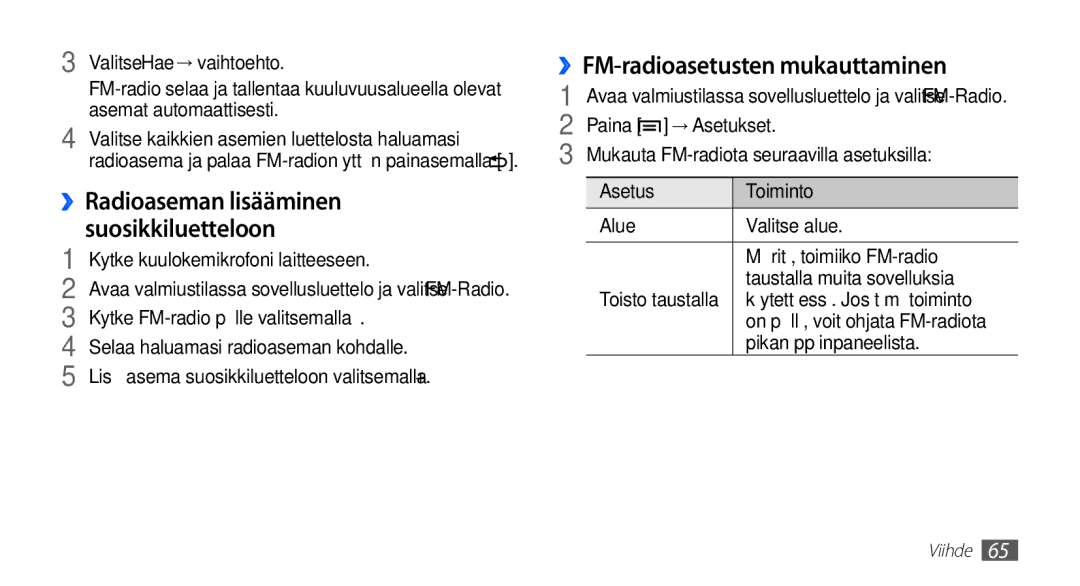 Samsung GT-I5510XKANEE, GT-I5510DWANEE ››Radioaseman lisääminen, Suosikkiluetteloon, ››FM-radioasetusten mukauttaminen 