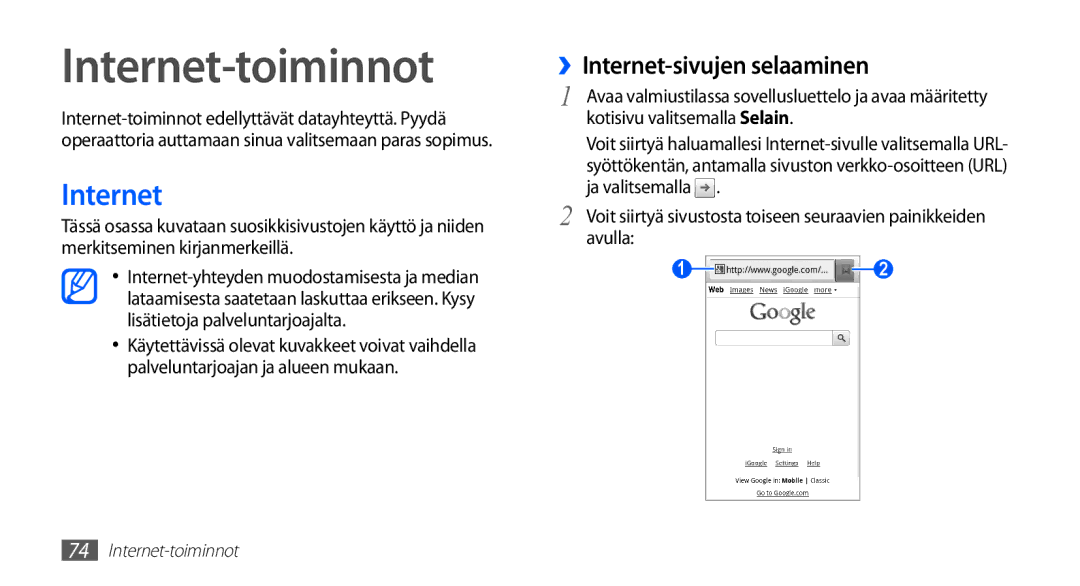 Samsung GT-I5510CWANEE, GT-I5510DWANEE, GT-I5510XKANEE, GT-I5510YKANEE Internet-toiminnot, ››Internet-sivujen selaaminen 