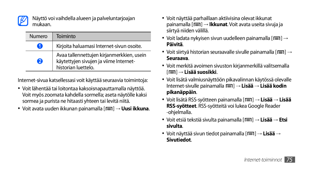 Samsung GT-I5510YKANEE, GT-I5510DWANEE, GT-I5510XKANEE manual Käytettyjen sivujen ja viime Internet- historian luettelo 