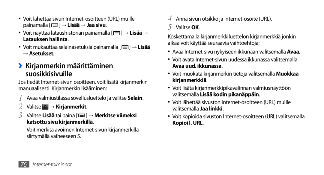 Samsung GT-I5510DWANEE, GT-I5510XKANEE manual → Asetukset ››Kirjanmerkin määrittäminen suosikkisivuille, → Kirjanmerkit 