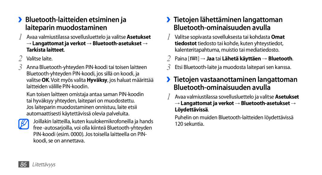 Samsung GT-I5510CWANEE, GT-I5510DWANEE manual ››Tietojen vastaanottaminen langattoman, Tarkista laitteet, Valitse laite 