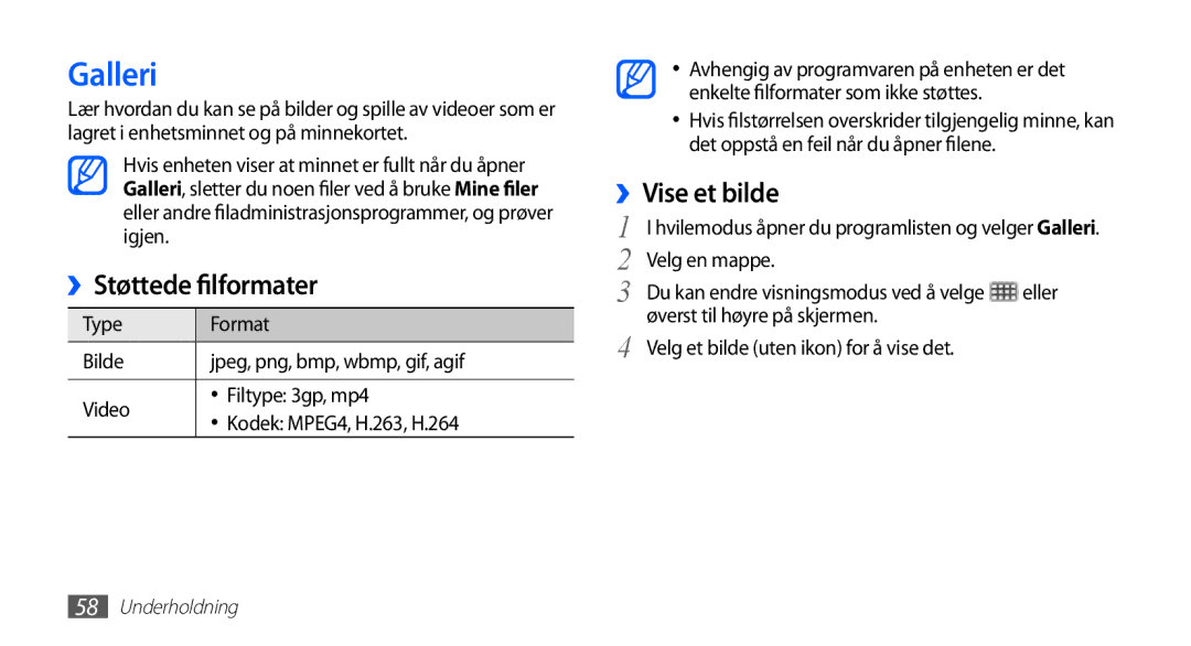 Samsung GT-I5510CWANEE, GT-I5510DWANEE, GT-I5510XKANEE, GT-I5510YKANEE manual Galleri, ››Støttede filformater, ››Vise et bilde 