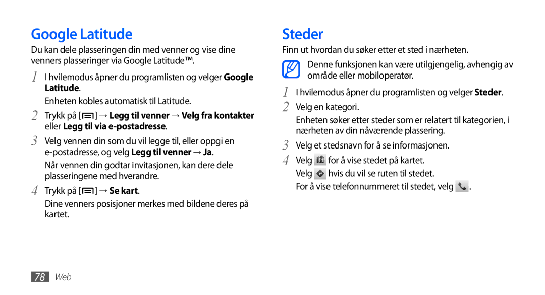 Samsung GT-I5510CWANEE, GT-I5510DWANEE, GT-I5510XKANEE manual Google Latitude, Steder, Eller Legg til via e-postadresse 