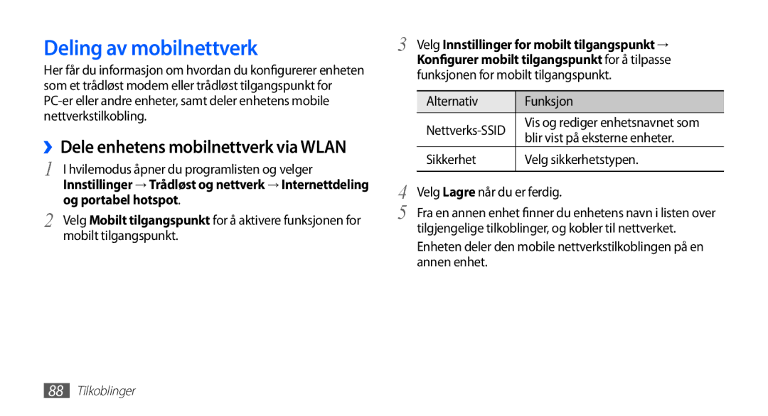 Samsung GT-I5510DWANEE manual Deling av mobilnettverk, ››Dele enhetens mobilnettverk via Wlan, Og portabel hotspot 