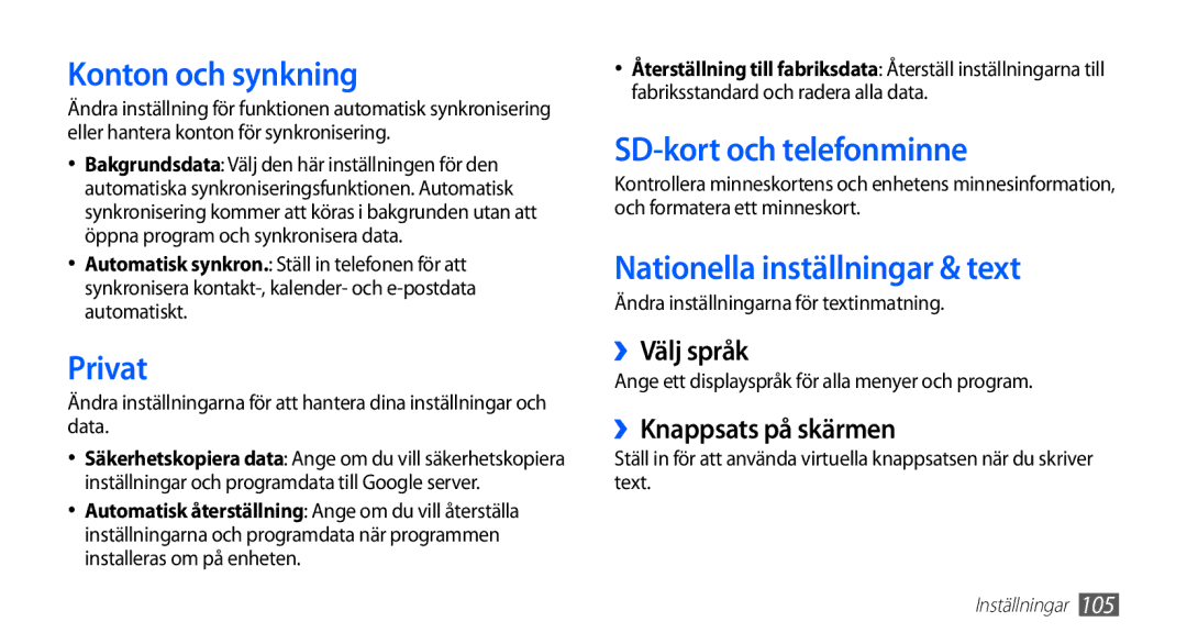 Samsung GT-I5510XKANEE manual Konton och synkning, Privat, SD-kort och telefonminne, Nationella inställningar & text 