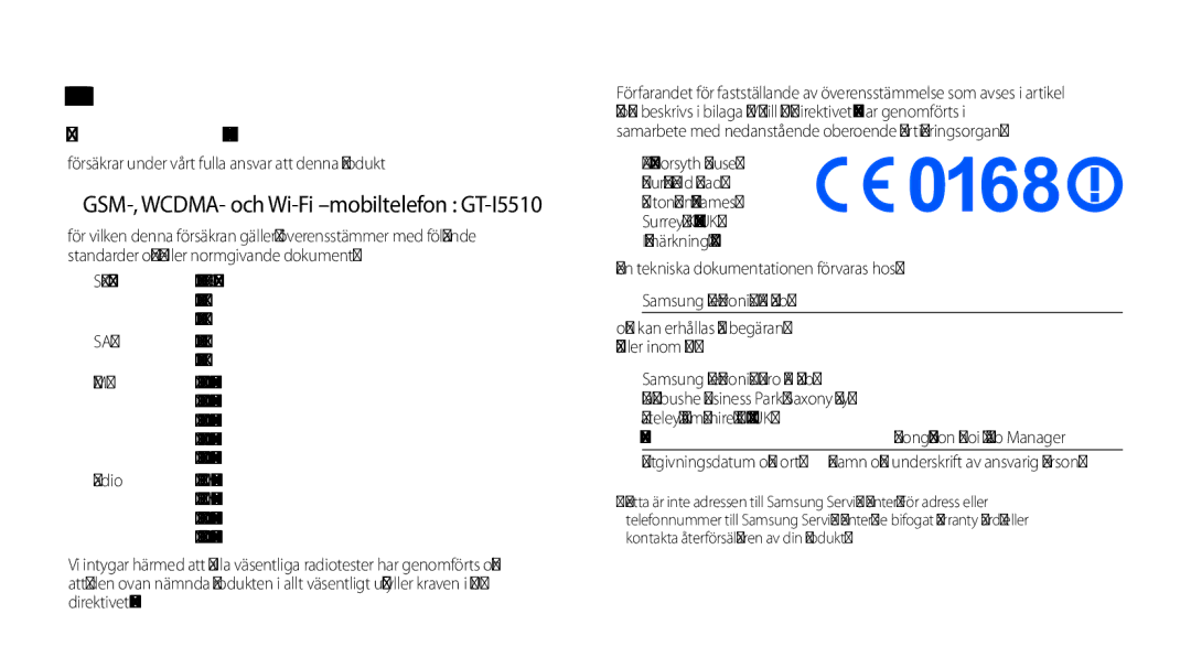 Samsung GT-I5510YKANEE, GT-I5510DWANEE, GT-I5510XKANEE, GT-I5510CWANEE manual Försäkran om överensstämmelse R&TTE 