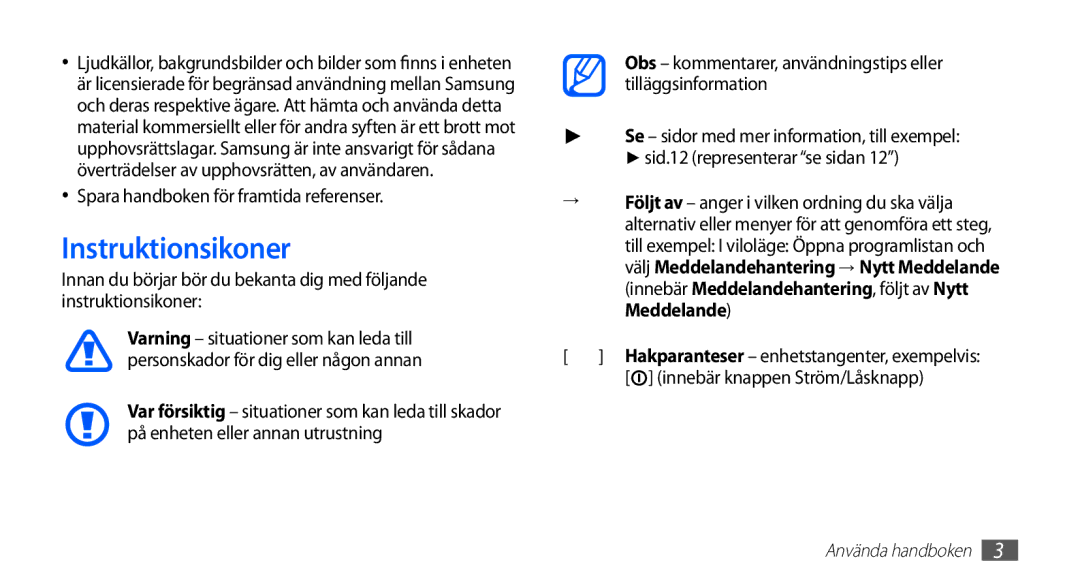 Samsung GT-I5510YKANEE, GT-I5510DWANEE, GT-I5510XKANEE manual Instruktionsikoner, Spara handboken för framtida referenser 