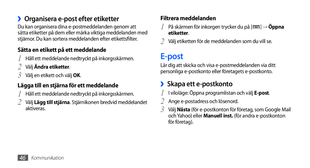 Samsung GT-I5510CWANEE, GT-I5510DWANEE manual Post, ››Organisera e-post efter etiketter, ››Skapa ett e-postkonto, Etiketter 