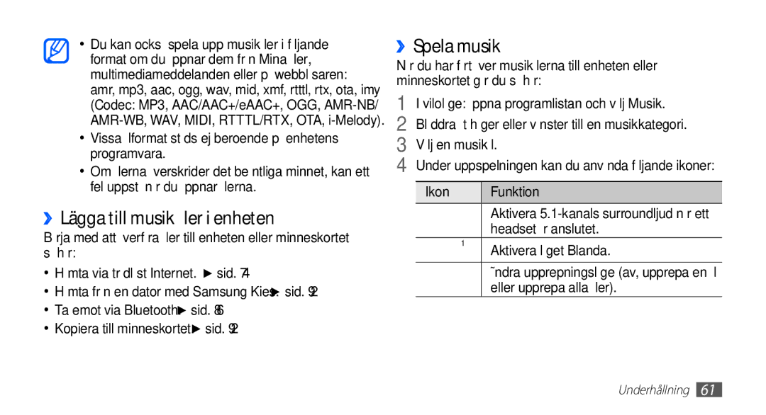 Samsung GT-I5510XKANEE, GT-I5510DWANEE, GT-I5510CWANEE, GT-I5510YKANEE manual ››Lägga till musikfiler i enheten, ››Spela musik 