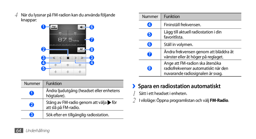 Samsung GT-I5510DWANEE manual ››Spara en radiostation automatiskt, Knappar, Ställ in volymen, Sätt i ett headset i enheten 