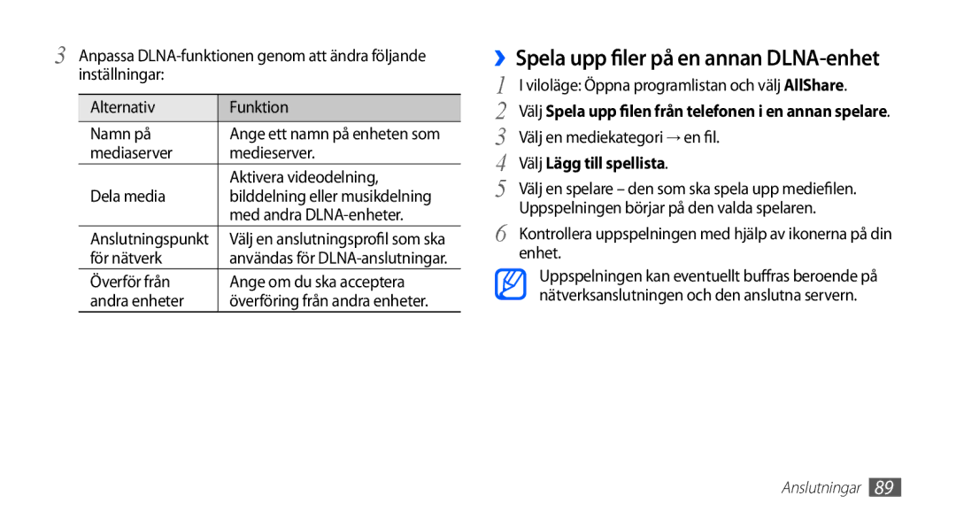 Samsung GT-I5510XKANEE, GT-I5510DWANEE, GT-I5510CWANEE ››Spela upp filer på en annan DLNA-enhet, Välj Lägg till spellista 