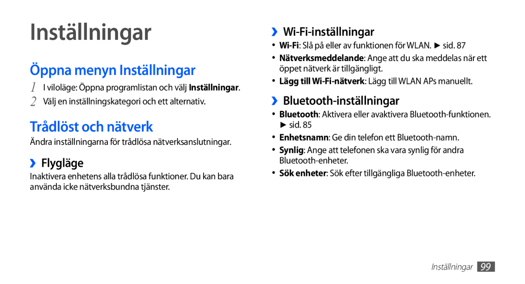 Samsung GT-I5510YKANEE, GT-I5510DWANEE, GT-I5510XKANEE, GT-I5510CWANEE Öppna menyn Inställningar, Trådlöst och nätverk 