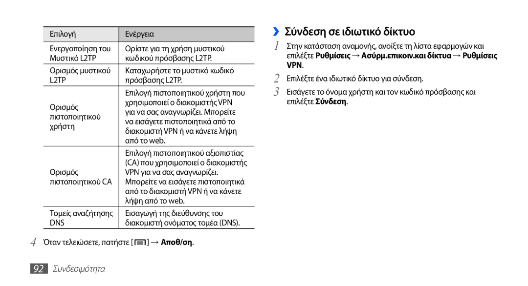 Samsung GT-I5510XKACYO, GT-I5510XKACYV, GT-I5510XKAVGR manual ››Σύνδεση σε ιδιωτικό δίκτυο, 92 Συνδεσιμότητα 