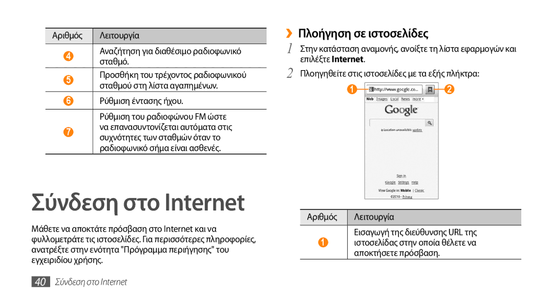 Samsung GT-I5510XKACYO, GT-I5510XKACYV, GT-I5510XKAVGR manual ››Πλοήγηση σε ιστοσελίδες, 40 Σύνδεση στο Internet 