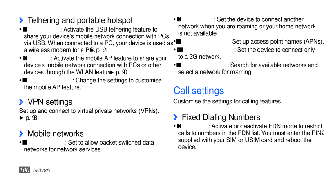 Samsung GT-I5510XKADTM manual Call settings, ›› Tethering and portable hotspot, ›› VPN settings, ›› Mobile networks 