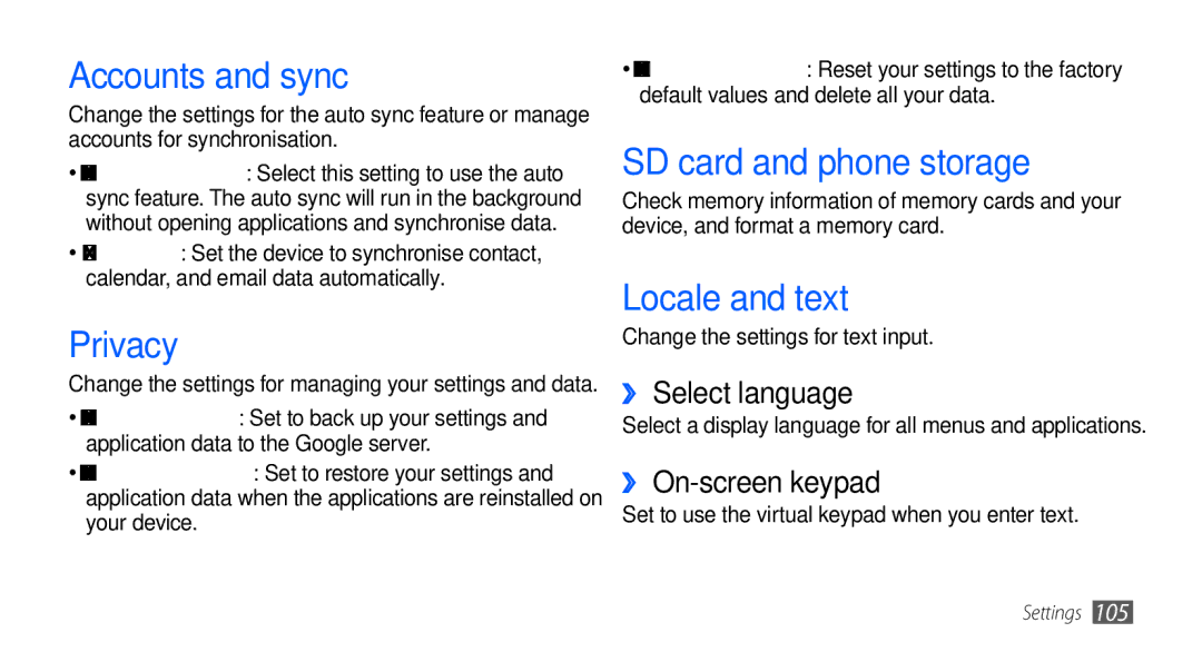 Samsung GT-I5510DWAXEF, GT-I5510XKADBT manual Accounts and sync, Privacy, SD card and phone storage, Locale and text 