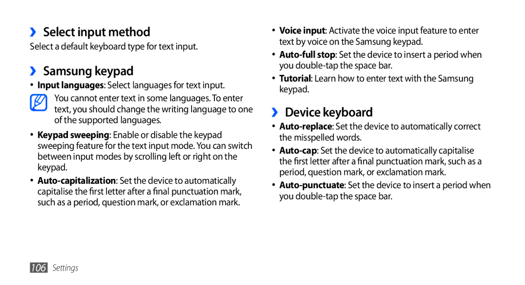 Samsung GT-I5510XKAVGF, GT-I5510XKADBT, GT-I5510XKAATO manual ›› Select input method, ›› Samsung keypad, ›› Device keyboard 