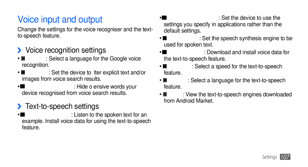 Samsung GT-I5510EWANRJ, GT-I5510XKADBT Voice input and output, ›› Voice recognition settings, ›› Text-to-speech settings 