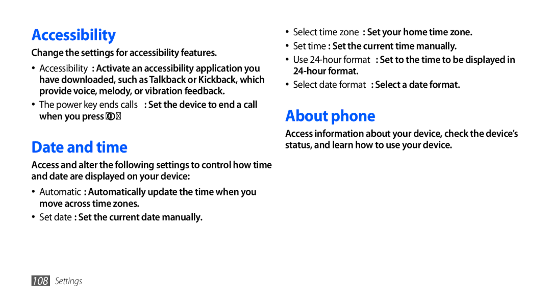 Samsung GT-I5510EWAXEF manual Accessibility, Date and time, About phone, Change the settings for accessibility features 