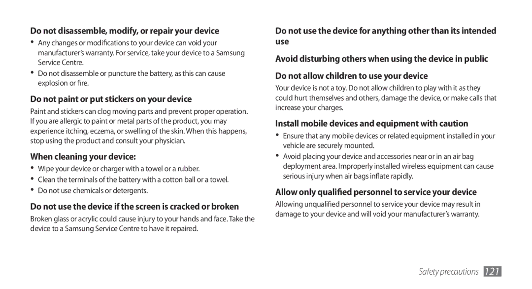 Samsung GT-I5510XKAXEZ, GT-I5510XKADBT, GT-I5510XKAATO, GT-I5510DWAVD2 Do not disassemble, modify, or repair your device 