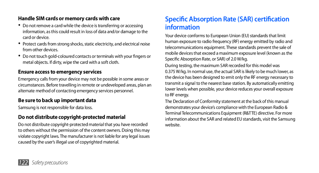 Samsung GT-I5510XKAIRD Specific Absorption Rate SAR certification information, Handle SIM cards or memory cards with care 