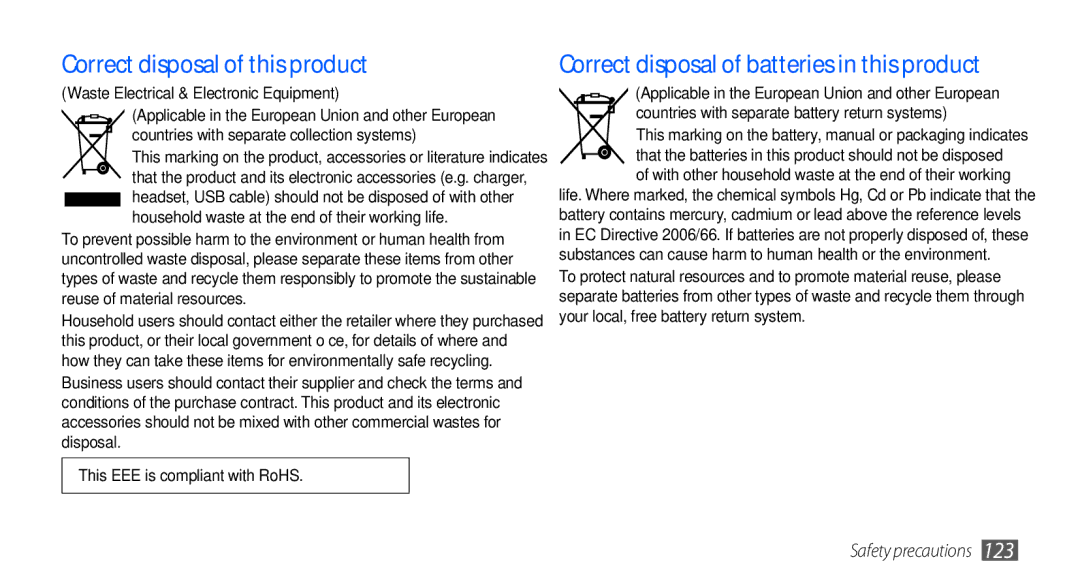 Samsung GT-I5510XKAVDC, GT-I5510XKADBT Correct disposal of this product, Correct disposal of batteries in this product 