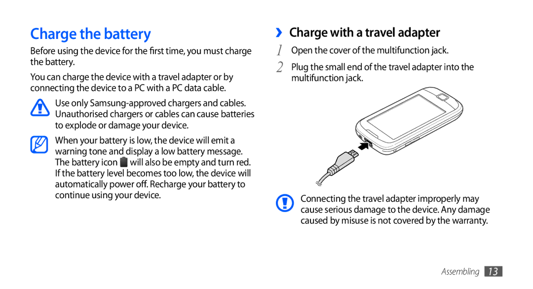 Samsung GT-I5510DWANRJ, GT-I5510XKADBT, GT-I5510XKAATO, GT-I5510DWAVD2 Charge the battery, ›› Charge with a travel adapter 