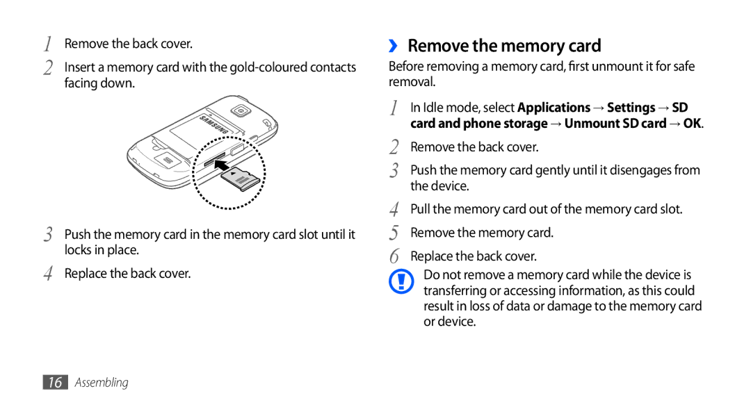 Samsung GT-I5510XKANRJ, GT-I5510XKADBT ›› Remove the memory card, Remove the back cover, Device, Replace the back cover 