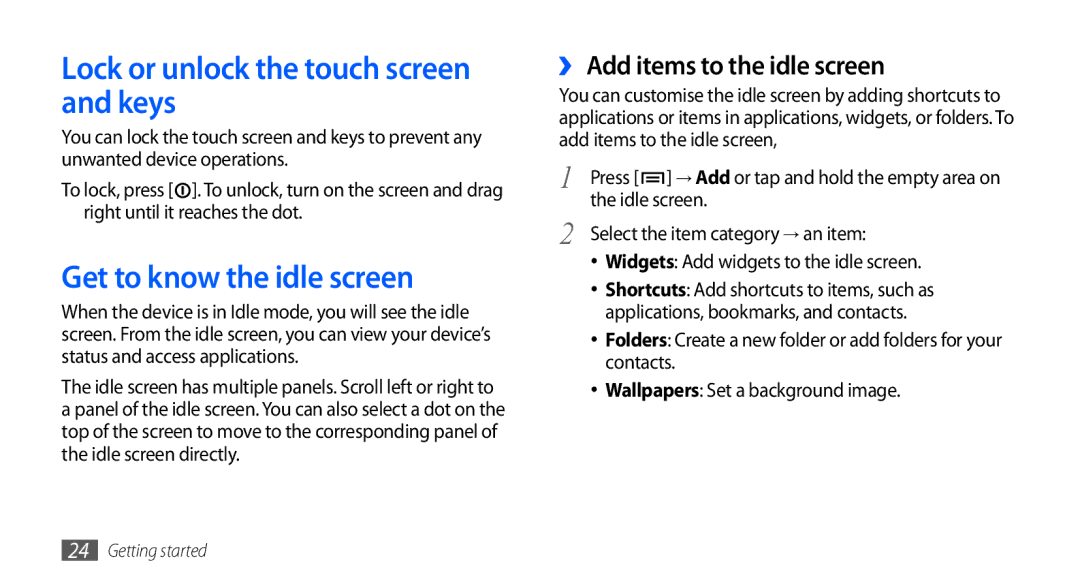 Samsung GT-I5510XKAVOM, GT-I5510XKADBT manual Lock or unlock the touch screen and keys, Get to know the idle screen 