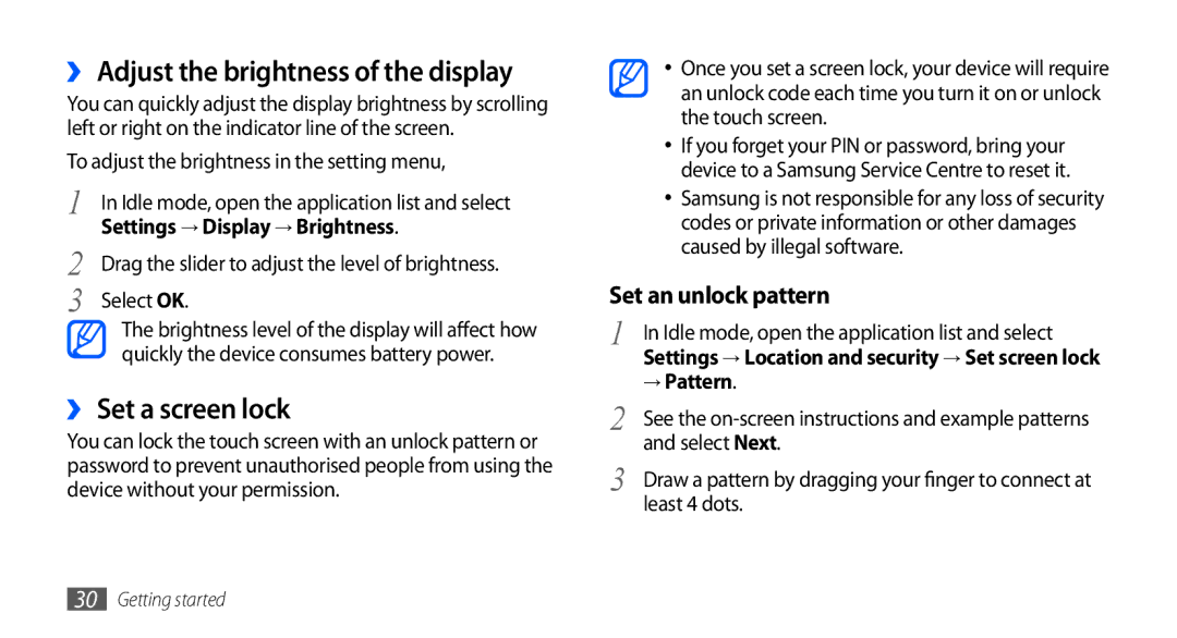 Samsung GT-I5510XKAVGR ›› Adjust the brightness of the display, ›› Set a screen lock, Settings → Display → Brightness 