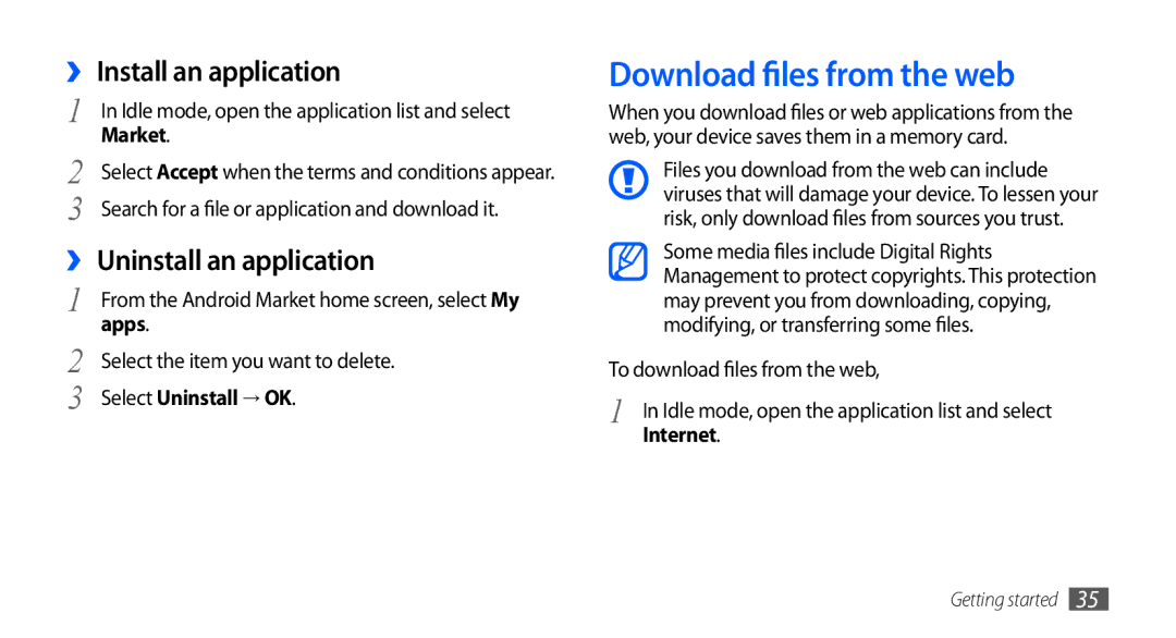 Samsung GT-I5510XKAVD2, GT-I5510XKADBT Download files from the web, ›› Install an application, ›› Uninstall an application 